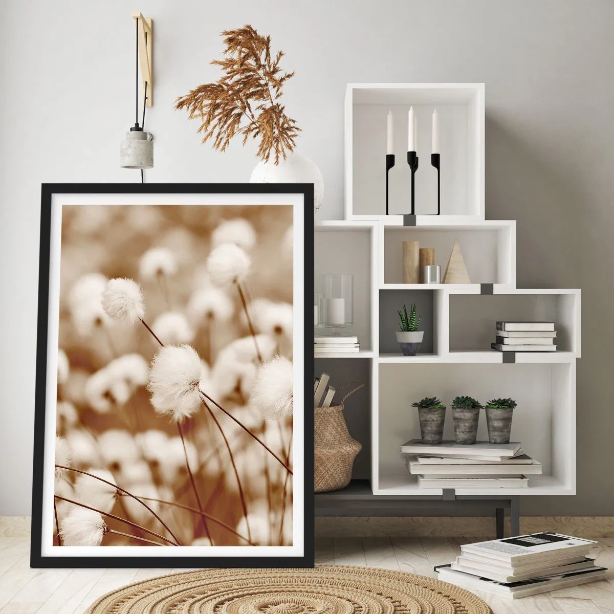 Plakát v černém rámu - Nadýchané stébla trávy v jemném záběru - 50x70cm - Chlupatý lán - Moderní nástěnná dekorace do obývacího pokoje a ložnice ARTTOR