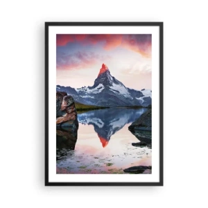 Plakát v černém rámu - Hora se odráží v jezeře při západu slunce - 50x70cm - Srdce hor je vřelé - Moderní nástěnná dekorace do obývacího pokoje a ložnice ARTTOR