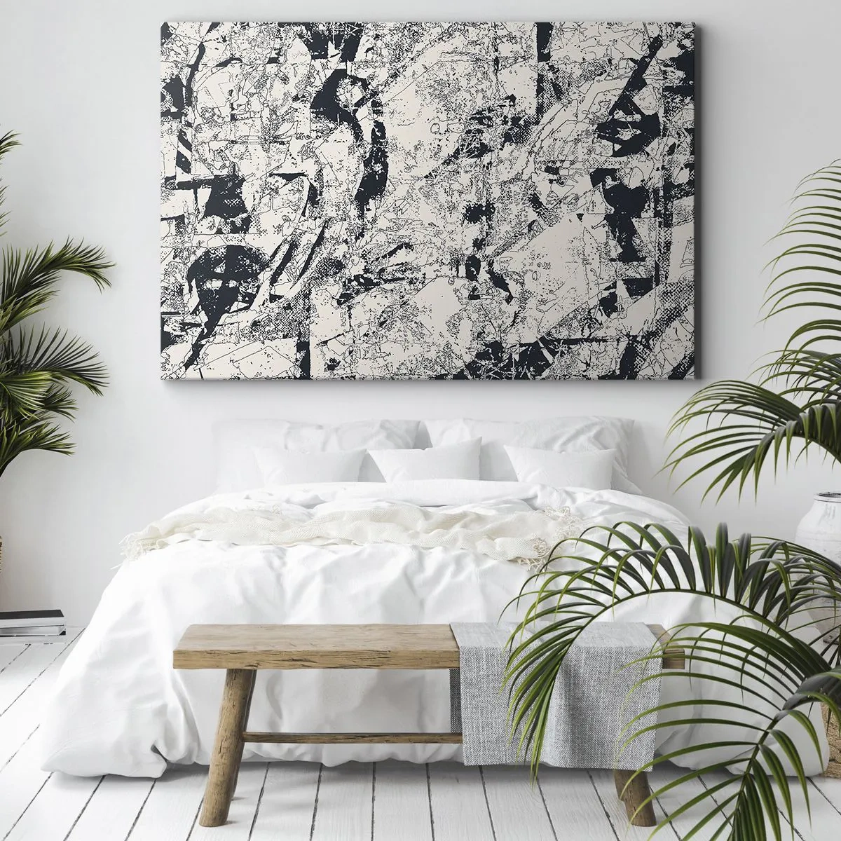 Obraz na plátně - Abstraktní kompozice v černé a bílé s dynamickým rozložením - 70x50cm - Prolínání protikladů - Moderní nástěnná dekorace do obývacího pokoje a ložnice ARTTOR