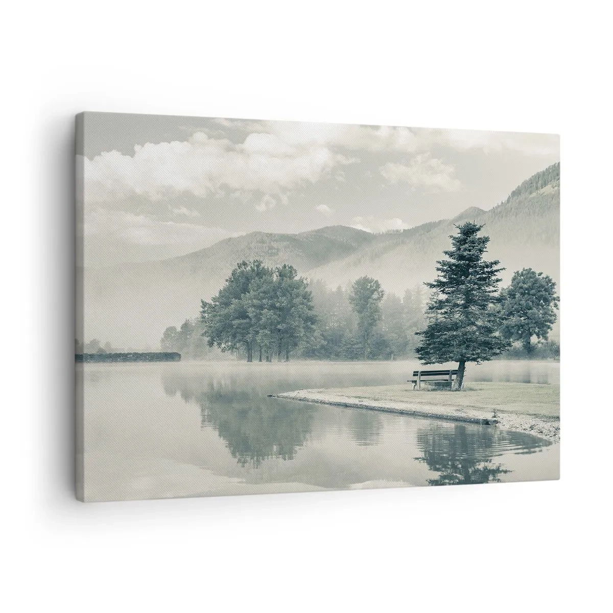 Obraz na plátně - Malebné jezero s lavičkou a mlhou v pozadí - 70x50cm - Jezero ještě spí - Moderní nástěnná dekorace do obývacího pokoje a ložnice ARTTOR