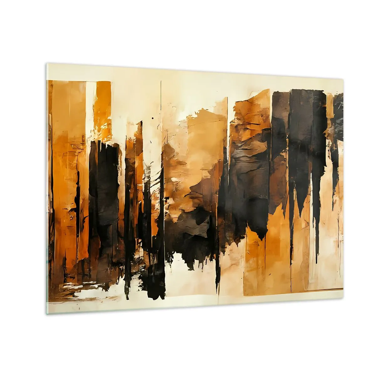 Obraz na skle - Zlatohnědá abstrakce s vertikálními strukturami - 70x50cm - Harmonie černé a zlaté - Moderní nástěnná dekorace do obývacího pokoje a ložnice ARTTOR