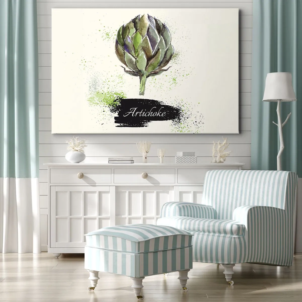 Obraz na plátně - Akvarelový artyčok s textem na světlém pozadí se zelenými akcenty - 70x50cm - Ať žije zelenina! - Moderní nástěnná dekorace do obývacího pokoje a ložnice ARTTOR