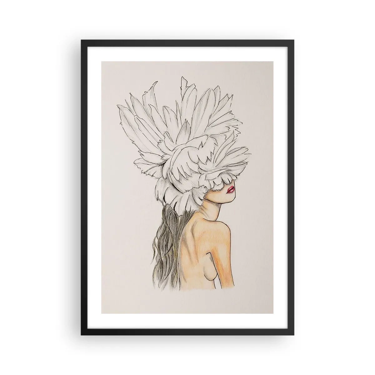 Plakát v černém rámu - Portrét ženy s péřovým kloboukem v uměleckém stylu - 50x70cm - Vrchol krásy - Moderní nástěnná dekorace do obývacího pokoje a ložnice ARTTOR