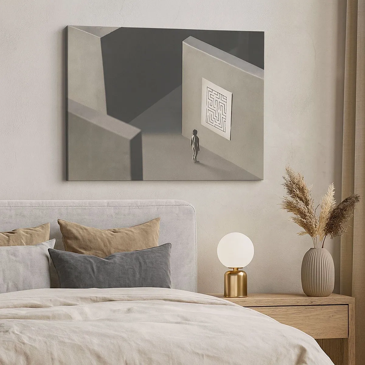 Obraz na plátně - Postava v bludišti dívající se na zavěšenou mapu - 70x50cm - Kde to ale jsem? - Moderní nástěnná dekorace do obývacího pokoje a ložnice ARTTOR