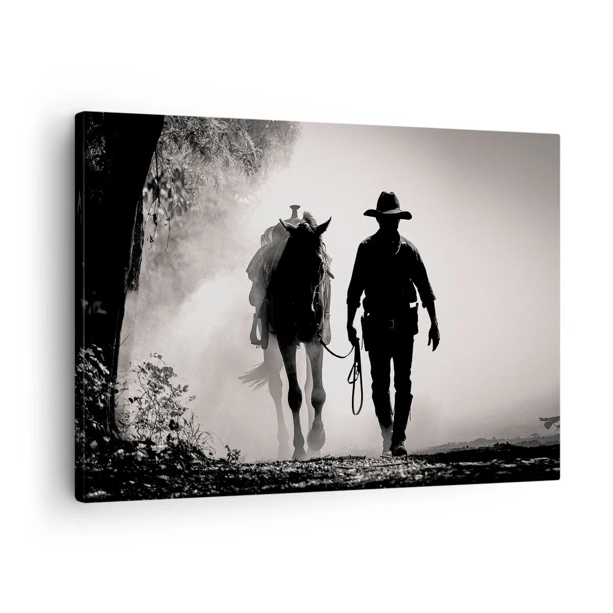 Obraz na plátně - Kovboj s koněm v ranní mlze - 70x50cm - Texaské ráno - Moderní nástěnná dekorace do obývacího pokoje a ložnice ARTTOR