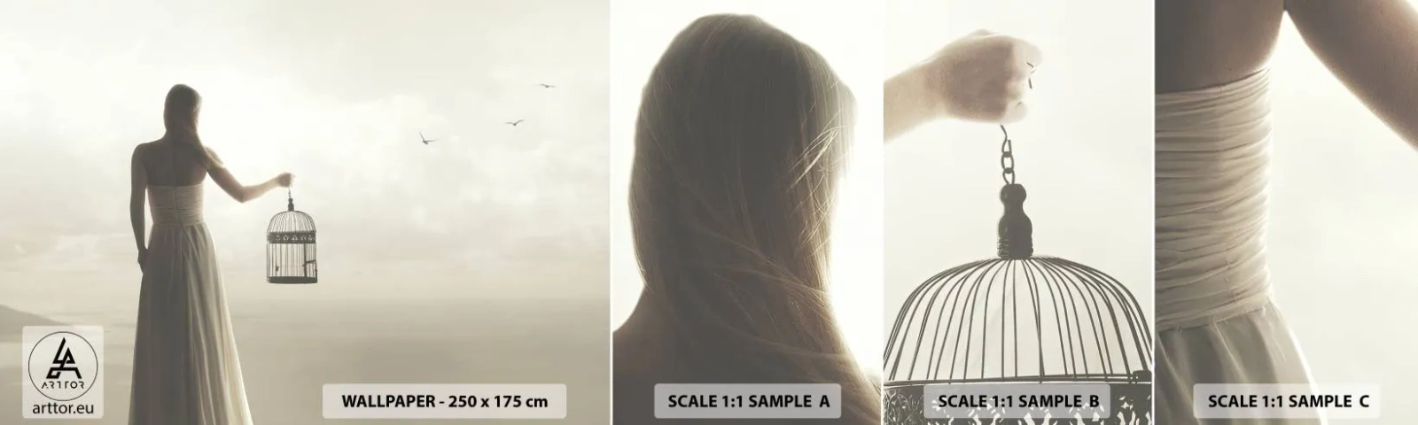 Vzor Fototapety Samolepicí Deluxe Sticker - Buď svobodná - Žena, Ptačí klec, Pták - 100x30 cm