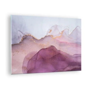 Obraz na skle - Abstraktní vlny v odstínech fialové se zlatými akcenty - 70x50cm - Fialové a lilové vlny - Moderní nástěnná dekorace do obývacího pokoje a ložnice ARTTOR