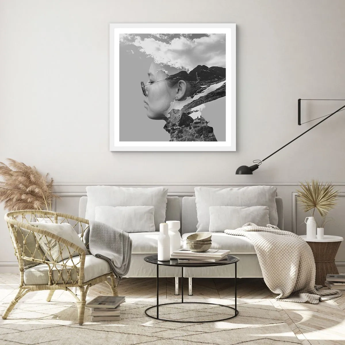 Plakát v bílém rámu - Povznešen portrét v oblacích - 60x60 cm