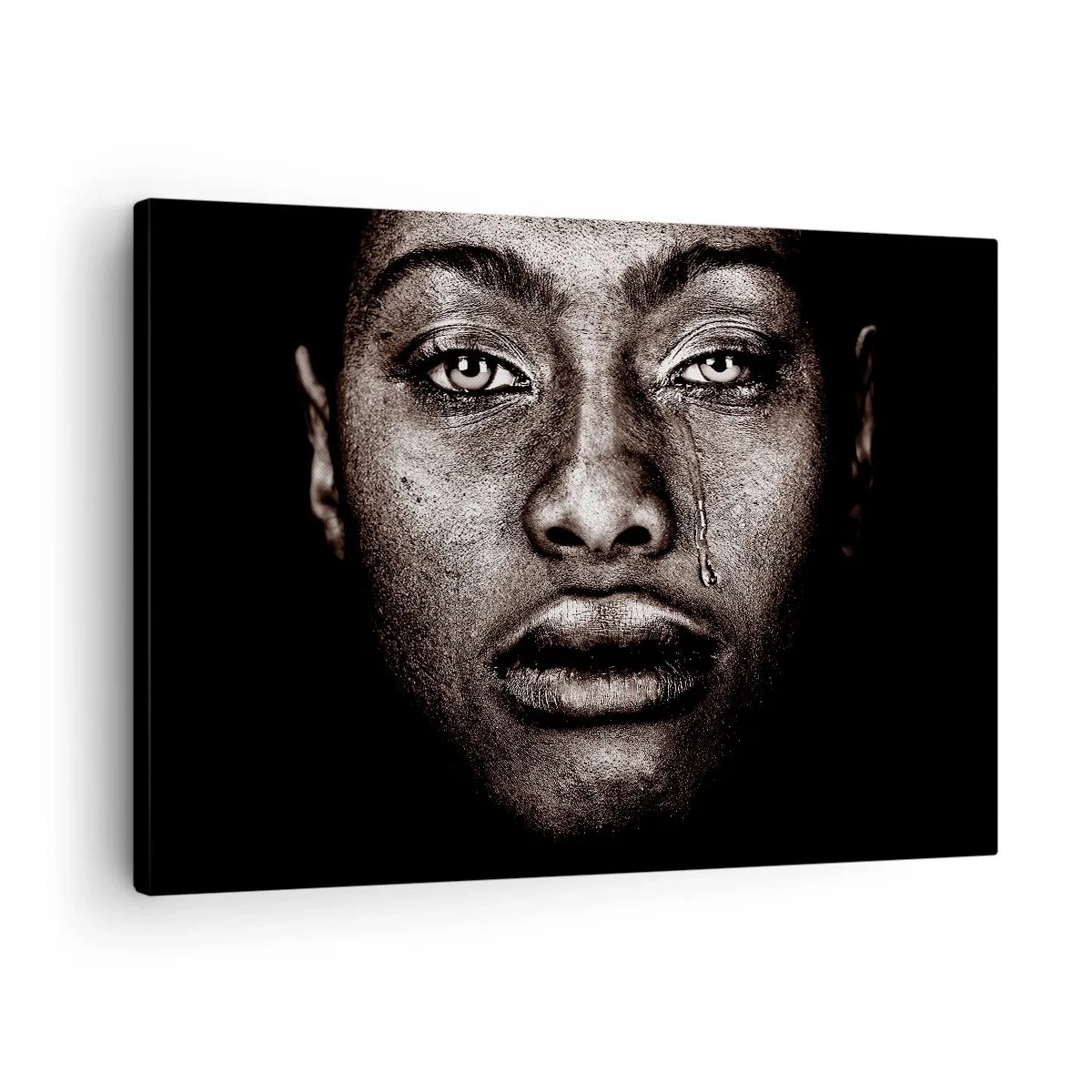 Obraz na plátně - Portrét tváře s jedinou slzou na černém pozadí - 70x50cm - Jedna slza - Moderní nástěnná dekorace do obývacího pokoje a ložnice ARTTOR