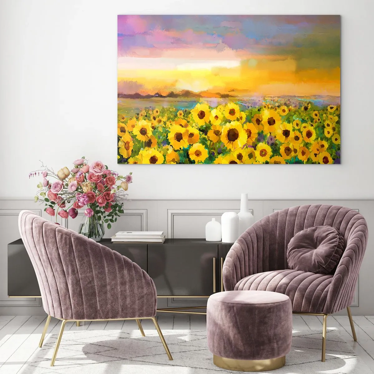 Obraz na skle - Pole slunečnic ve světle zapadajícího slunce - 70x50cm - Samotné slunce sestoupilo na zem - Moderní nástěnná dekorace do obývacího pokoje a ložnice ARTTOR