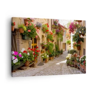 Obraz na plátně - Ulice s květinami v květináčích a kamennými zdmi - 70x50cm - V záplavě květin - Moderní nástěnná dekorace do obývacího pokoje a ložnice ARTTOR
