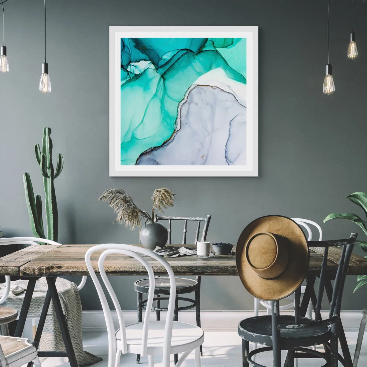 Plakát v bílém rámu - Studie v tyrkysové - 50x50 cm