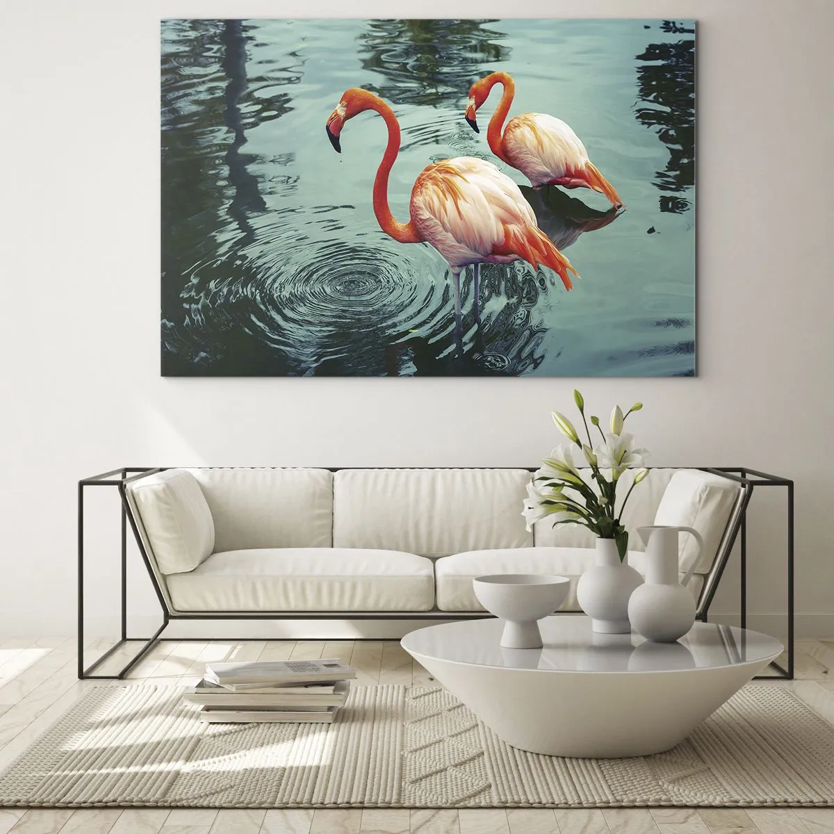 Obraz na skle - Plameňáci na vodě v harmonické kompozici - 70x50cm - Nyní jsme v módě - Moderní nástěnná dekorace do obývacího pokoje a ložnice ARTTOR