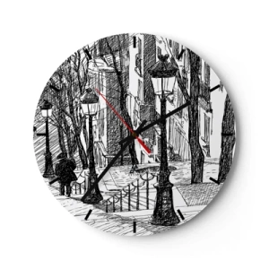 Nástěnné hodiny - Černobílá kresba ulice s lucernami a kráčející postavou. - 30x30cm - Milostný příběh nebo horor? - Moderní nástěnná dekorace do obývacího pokoje, kuchyně a ložnice ARTTOR