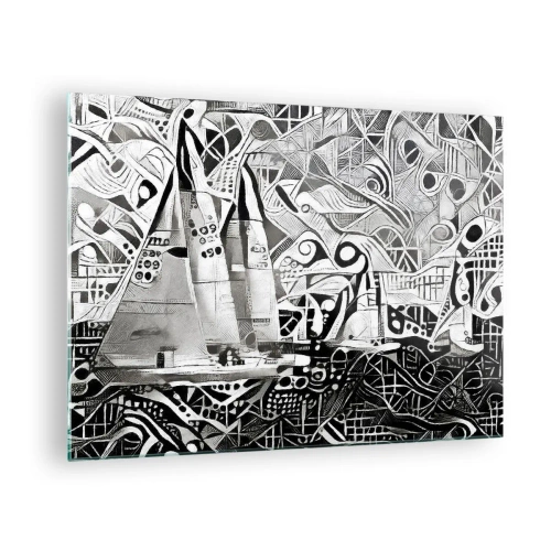 Obraz na skle - Černobílá abstrakce s plachetnicemi a geometrickými vzory - 70x50cm - Mezi vlnami - Moderní nástěnná dekorace do obývacího pokoje a ložnice ARTTOR