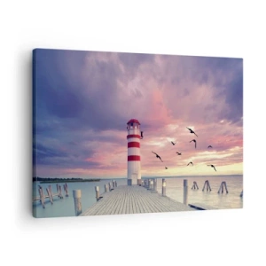 Obraz na plátně - Maják na molu obklopený malebným západem slunce - 70x50cm - Čas jít do přístavu - Moderní nástěnná dekorace do obývacího pokoje a ložnice ARTTOR