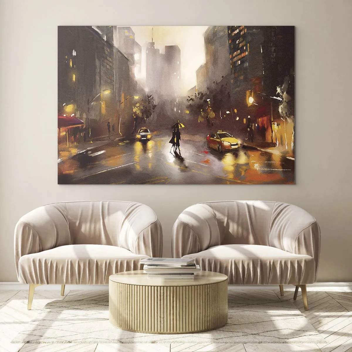 Obraz na skle - Město v noci v dešti s taxíky a siluetou páru - 70x50cm - Ve světlech New Yorku - Moderní nástěnná dekorace do obývacího pokoje a ložnice ARTTOR