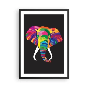 Plakát v černém rámu - Barevný obrázek slona na černém pozadí - 50x70cm - Slon, který se miloval koupat v duze - Moderní nástěnná dekorace do obývacího pokoje a ložnice ARTTOR