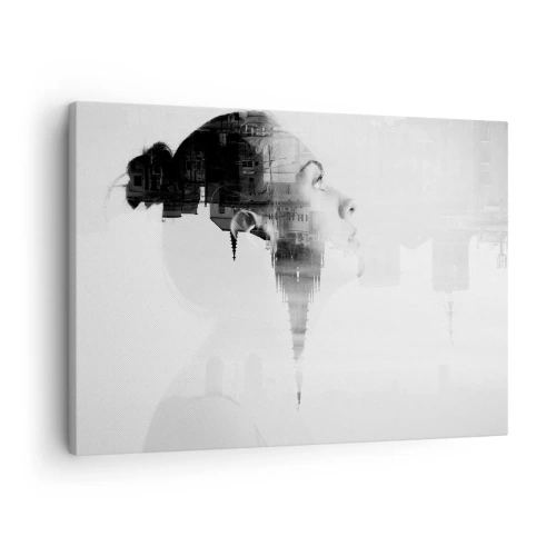 Obraz na plátně - Portrét ženy s obrysem města v pozadí, černé a bílé barvy - 70x50cm - Z obou stran okna - Moderní nástěnná dekorace do obývacího pokoje a ložnice ARTTOR