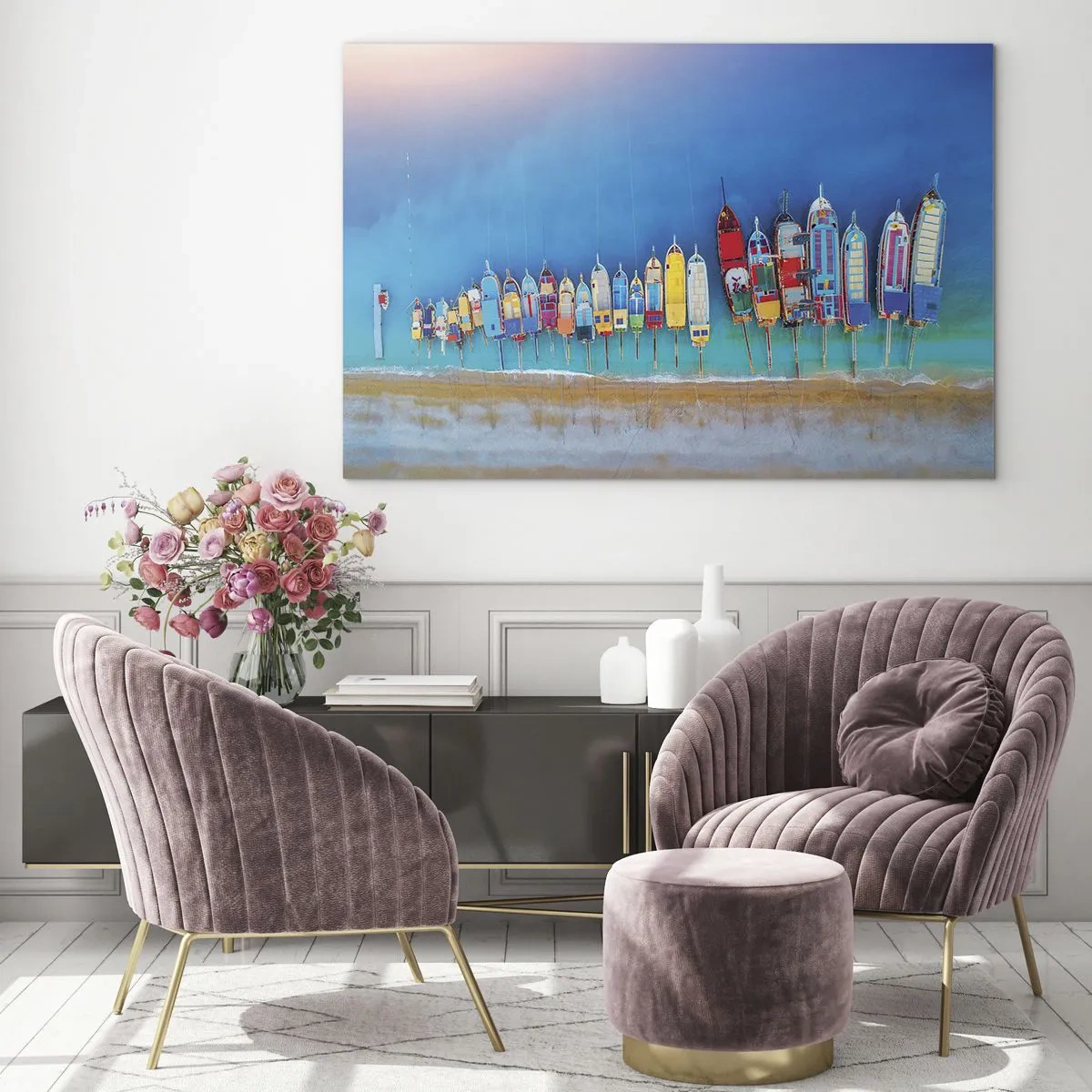 Obraz na skle - Barevné lodě na břehu tyrkysového moře - 70x50cm - Z ptačí perspektivy - Moderní nástěnná dekorace do obývacího pokoje a ložnice ARTTOR