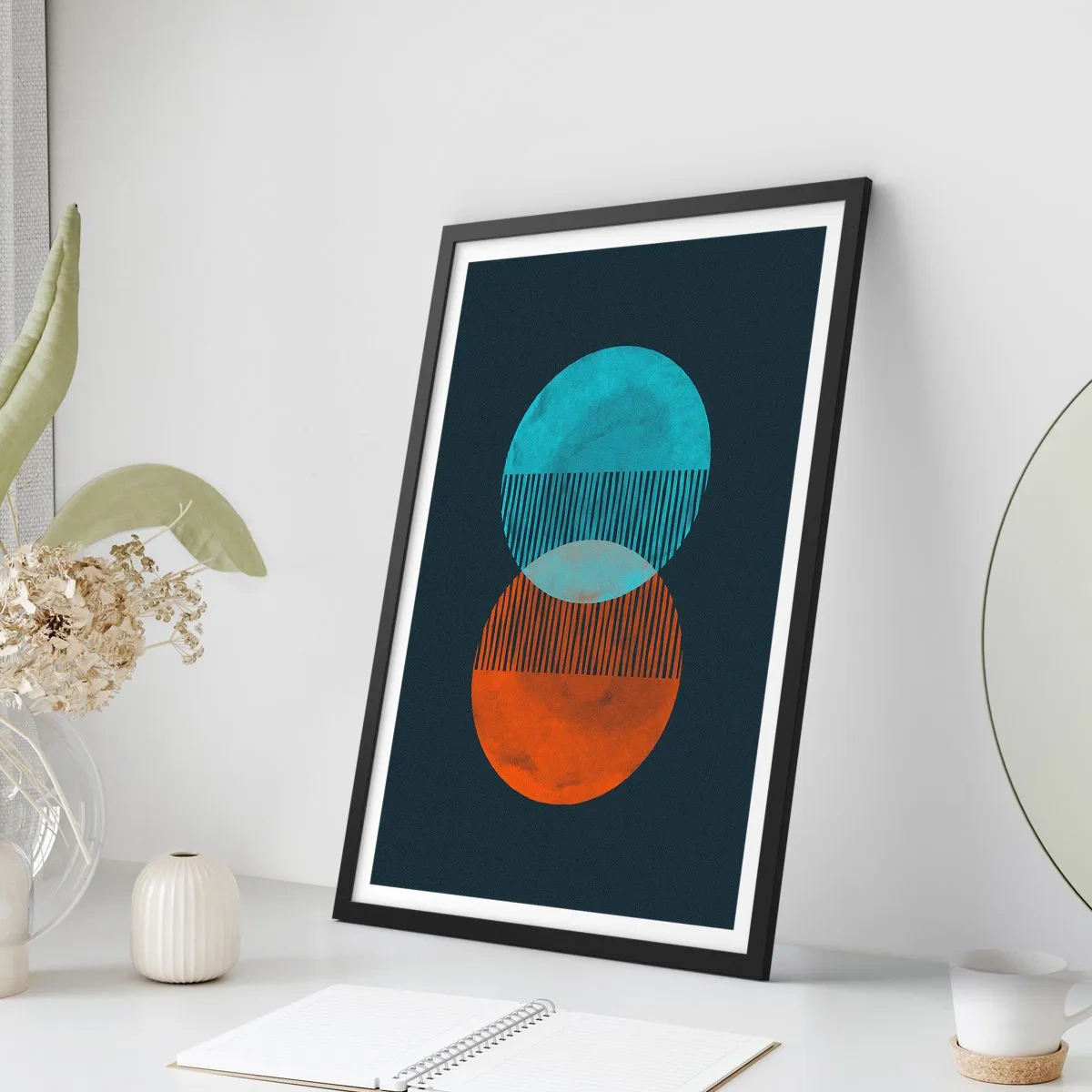 Plakát v černém rámu - Abstraktní kruhy v odstínech modré a oranžové - 50x70cm - Astronomická fantazie - Moderní nástěnná dekorace do obývacího pokoje a ložnice ARTTOR