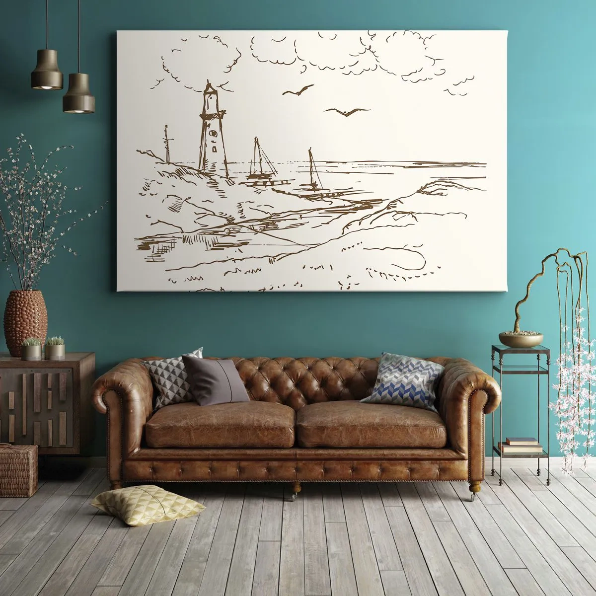 Obraz na plátně - Náčrt majáku s výhledem na moře - 70x50cm - Náčrt letních vzpomínek - Moderní nástěnná dekorace do obývacího pokoje a ložnice ARTTOR