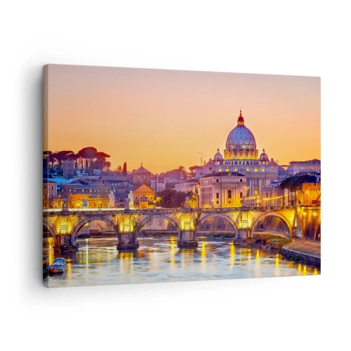 Obraz na plátně - Panorama Vatikánu při západu slunce s mostem přes řeku - 70x50cm - Soumrak nad Věčným městem - Moderní nástěnná dekorace do obývacího pokoje a ložnice ARTTOR