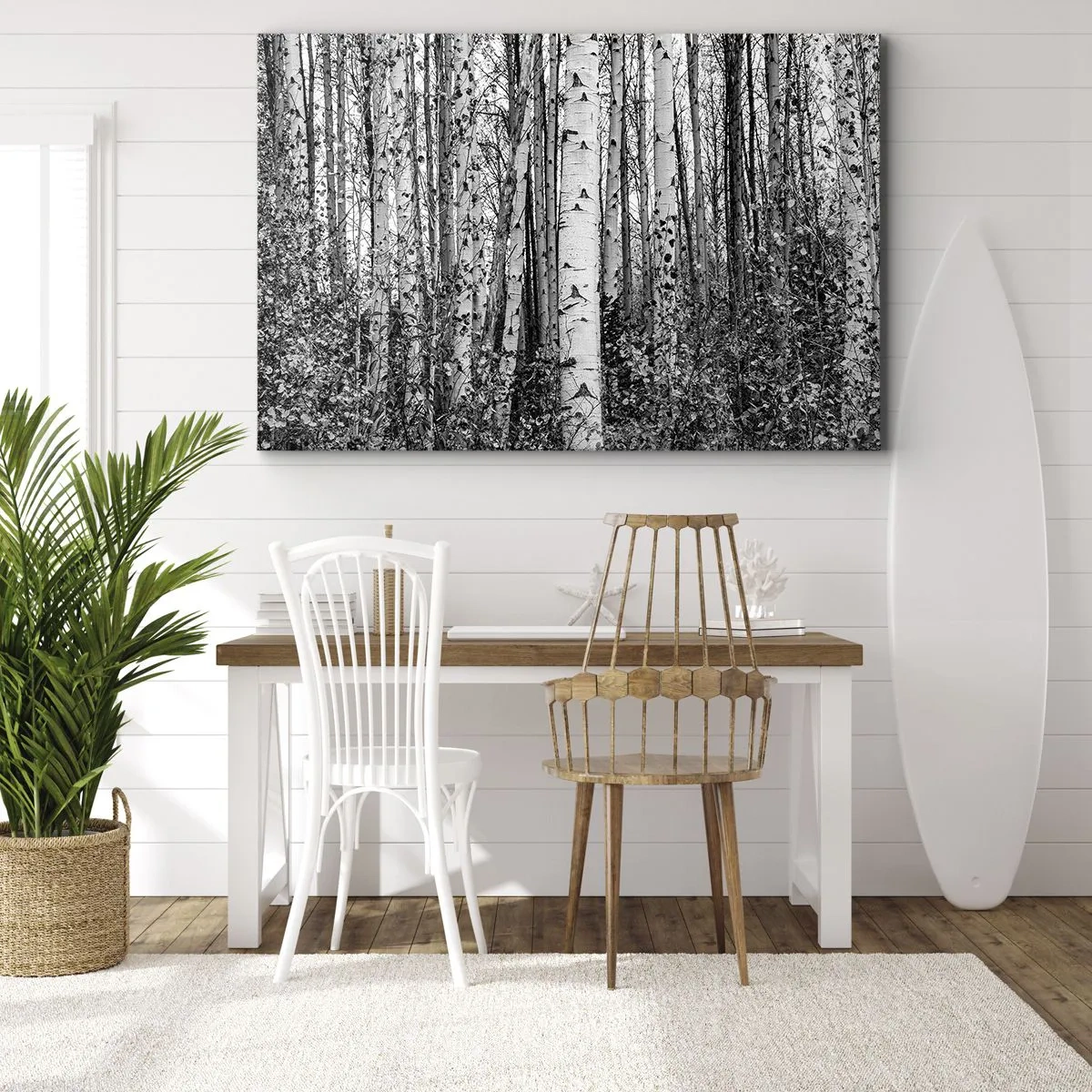 Obraz na plátně - Černé a bílé břízy v lese - 70x50cm - Březová kolonáda - Moderní nástěnná dekorace do obývacího pokoje a ložnice ARTTOR