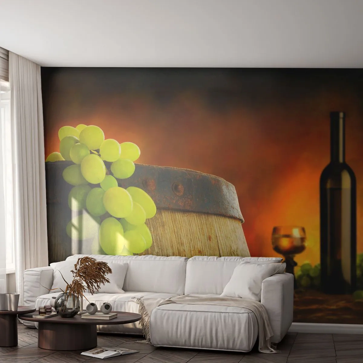 Fototapeta Samolepicí Deluxe Sticker - Zátiší s lahví vína a hrozny - Hroznová, Víno, Vinný sud - 250x175 cm