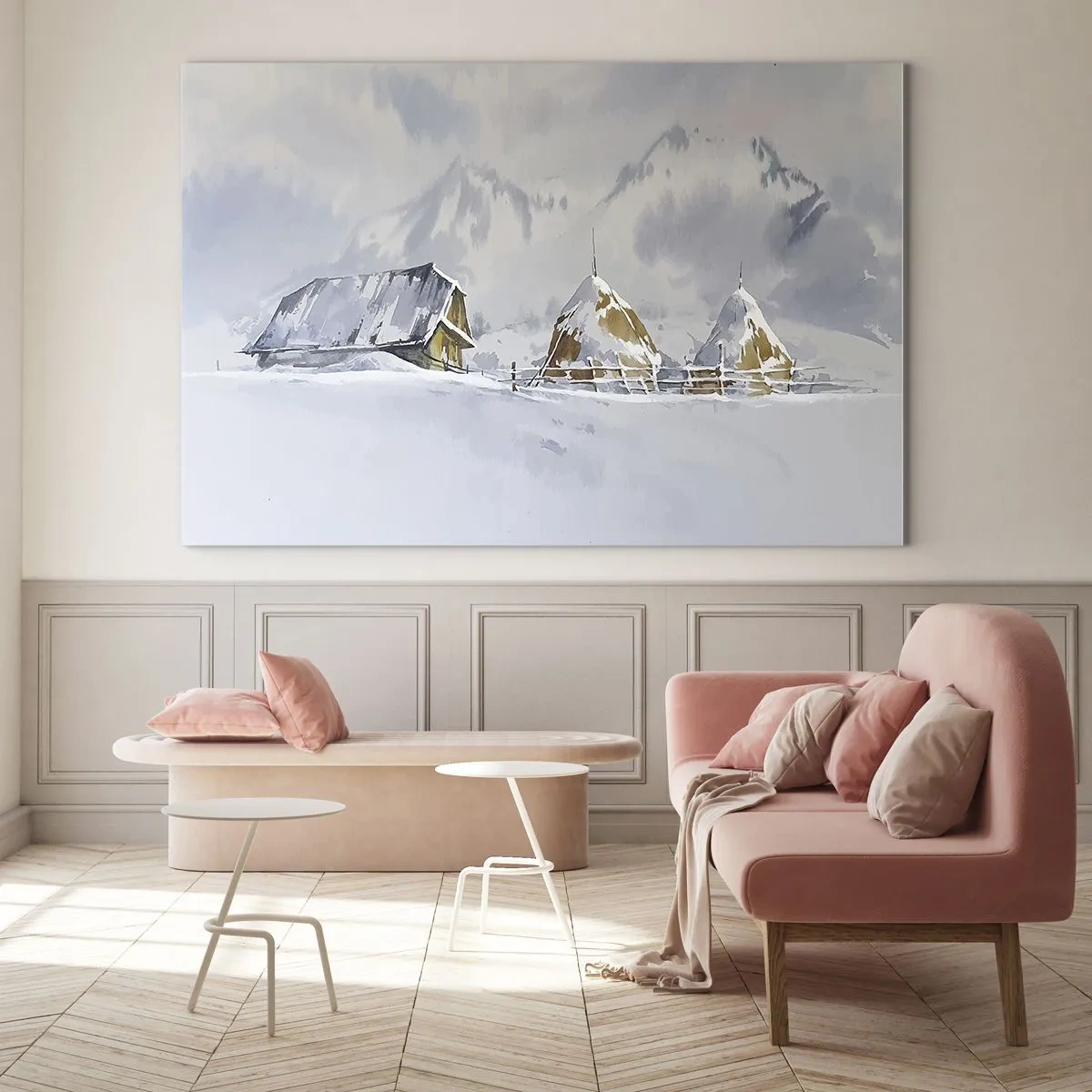 Obraz na skle - Zimní krajina s chatou a kupkami sena v horách - 70x50cm - V zasněženém údolí - Moderní nástěnná dekorace do obývacího pokoje a ložnice ARTTOR