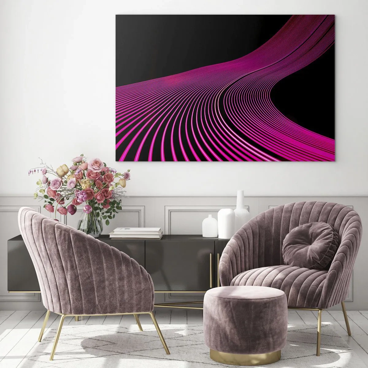 Obraz na skle - Růžové světelné čáry na černém pozadí - 70x50cm - Alej světla - Moderní nástěnná dekorace do obývacího pokoje a ložnice ARTTOR
