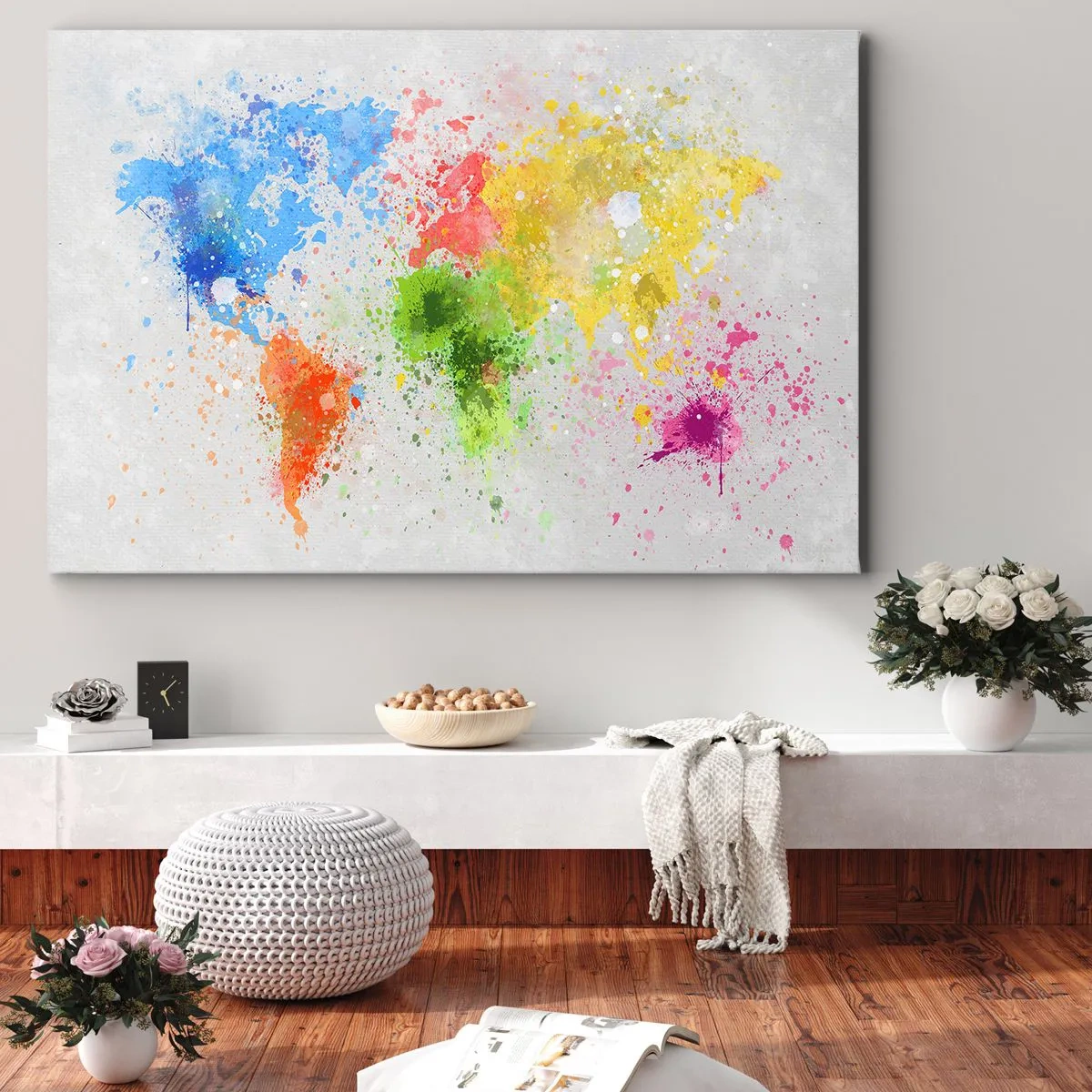 Obraz na plátně - Mapa světa v barevné akvarelové interpretaci - 70x50cm - Všechny barvy světa - Moderní nástěnná dekorace do obývacího pokoje a ložnice ARTTOR