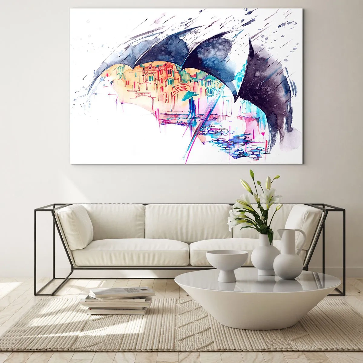 Obraz na skle - Barevné město v pozadí pod černým deštníkem - 70x50cm - Procházka v dešti - Moderní nástěnná dekorace do obývacího pokoje a ložnice ARTTOR