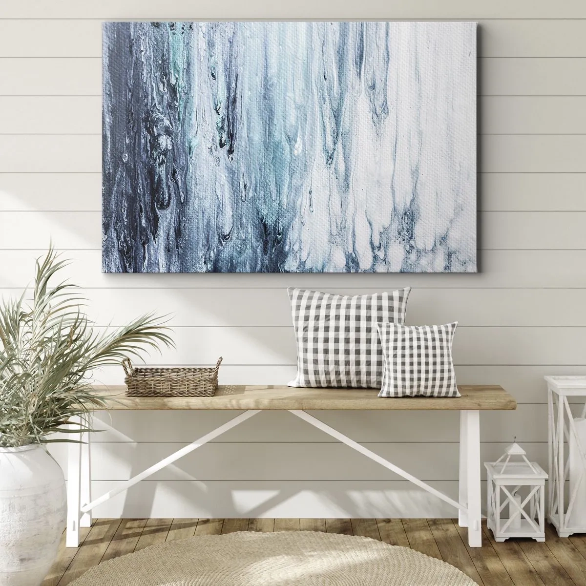 Obraz na plátně - Abstraktní modré a bílé pruhy připomínající rampouchy - 70x50cm - Modré rampouchy - Moderní nástěnná dekorace do obývacího pokoje a ložnice ARTTOR