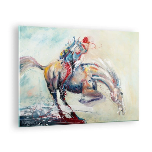Obraz na skle - Abstraktní obraz koně v dynamickém pohybu. - 70x50cm - Drž se, letíme - Moderní nástěnná dekorace do obývacího pokoje a ložnice ARTTOR