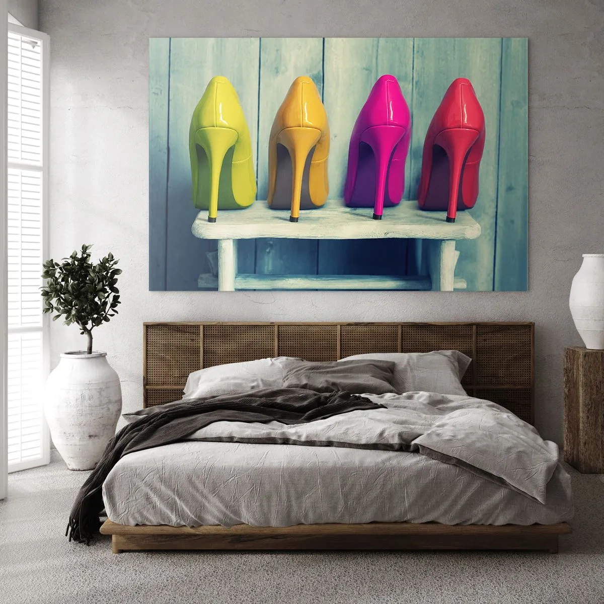 Obraz na skle - Čtyři barevné špendlíky uspořádané na dřevěné lavici - 70x50cm - Procházkou po duze - Moderní nástěnná dekorace do obývacího pokoje a ložnice ARTTOR