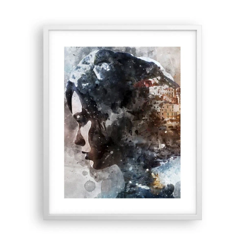Plakát v bílém rámu - Příběh o dívce s městem v pozadí - 40x50 cm