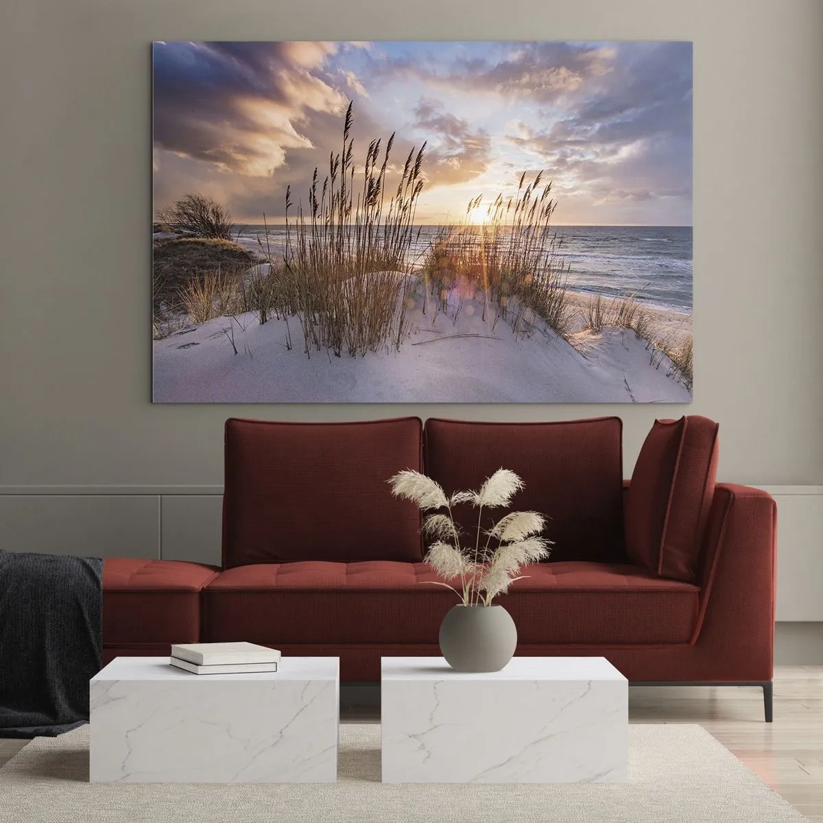 Obraz na skle - Západ slunce nad mořem skrz přímořské trávy - 70x50cm - Rozloučení se sluncem a větrem - Moderní nástěnná dekorace do obývacího pokoje a ložnice ARTTOR