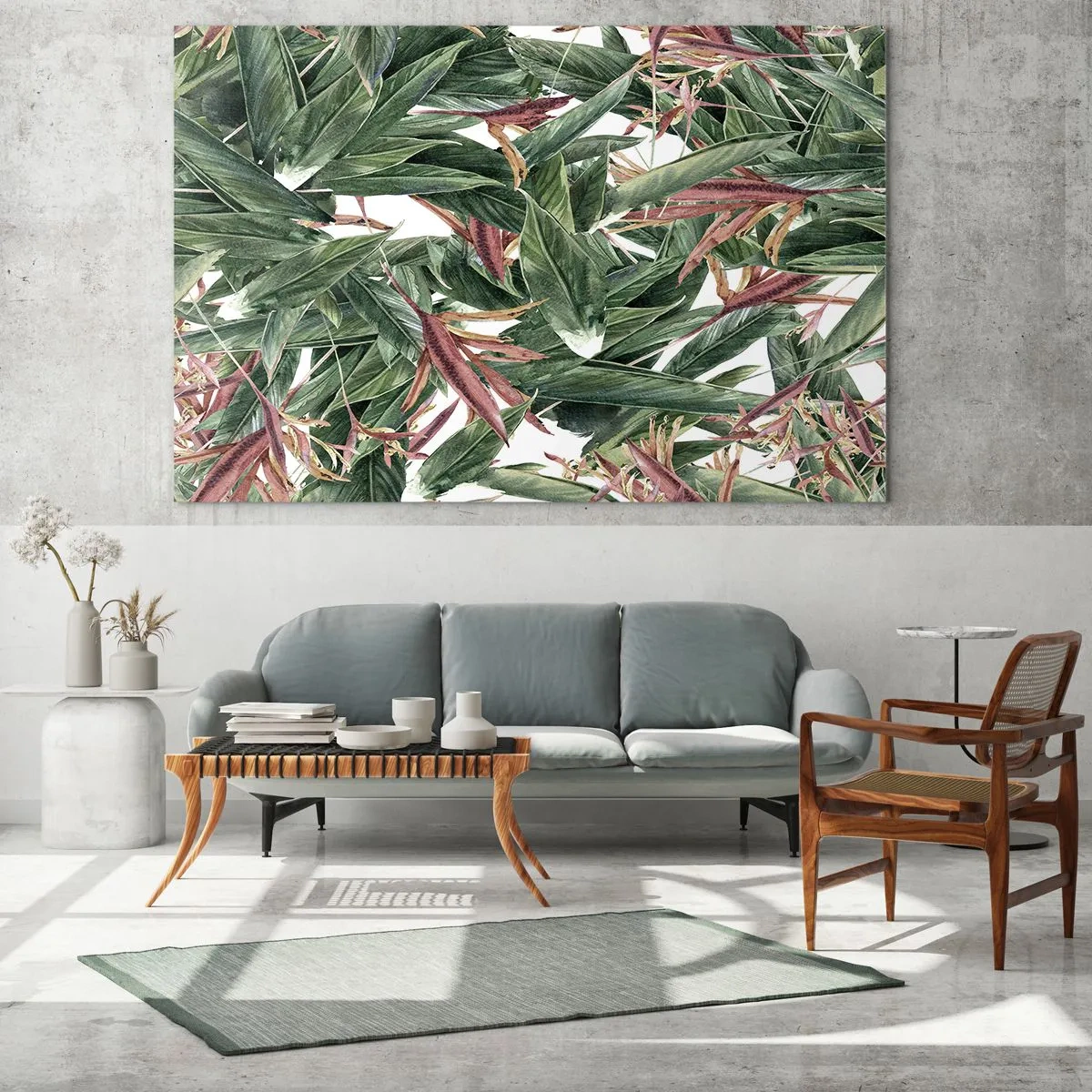 Obraz na skle - Listy v odstínech zelené a vínové na světlém pozadí - 70x50cm - Smaragdově-liliové houští - Moderní nástěnná dekorace do obývacího pokoje a ložnice ARTTOR