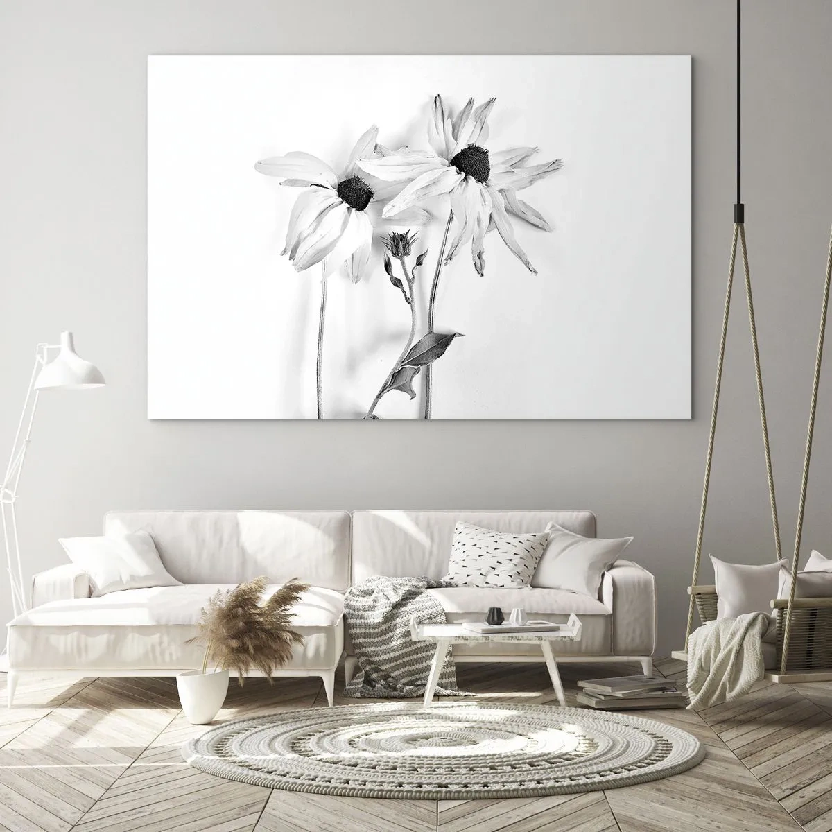 Obraz na skle - Černobílé květiny v minimalistickém stylu - 70x50cm - Nikdo nechce být sám - Moderní nástěnná dekorace do obývacího pokoje a ložnice ARTTOR