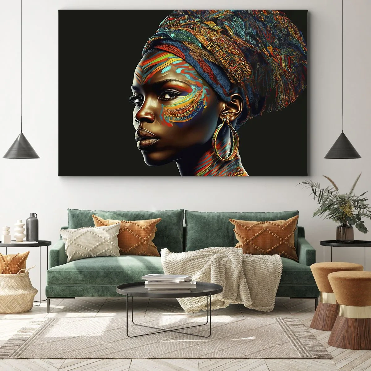 Obraz na plátně - Portrét ženy s barevným vzorem a turbanem - 70x50cm - Africká královna - Moderní nástěnná dekorace do obývacího pokoje a ložnice ARTTOR