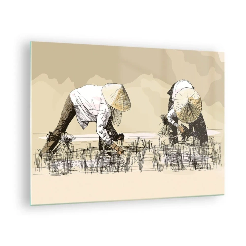 Obraz na skle - Minimalistická ilustrace pracujících farmářů - 70x50cm - Úspěšná sklizeň - Moderní nástěnná dekorace do obývacího pokoje a ložnice ARTTOR