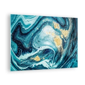 Obraz na skle - Abstraktní víry v odstínech tyrkysové a zlaté - 70x50cm - Modrý vír - Moderní nástěnná dekorace do obývacího pokoje a ložnice ARTTOR