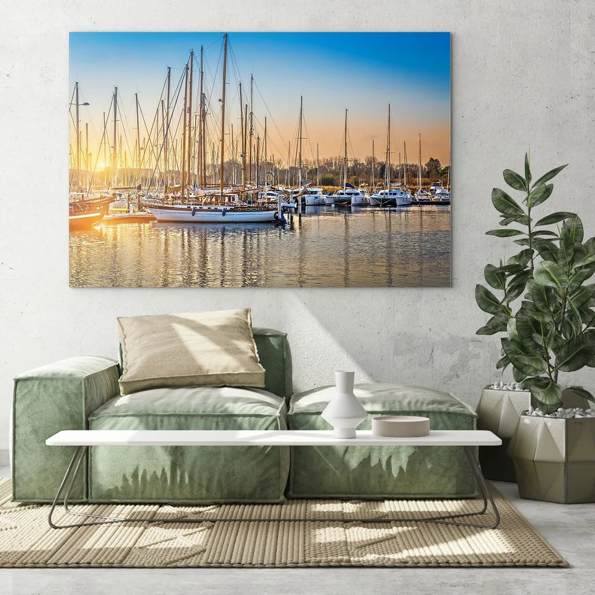 Obraz na skle - Přístav plný plachetnic ve světle zapadajícího slunce - 70x50cm - Vítr musí taky spát - Moderní nástěnná dekorace do obývacího pokoje a ložnice ARTTOR
