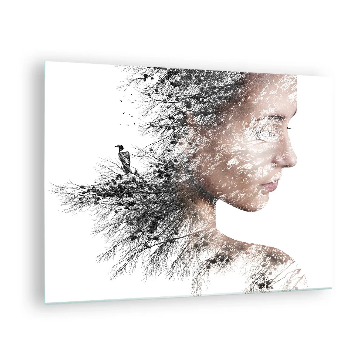 Obraz na skle - Portrét ženy s větvemi v pozadí - 70x50cm - Duch lesa - Moderní nástěnná dekorace do obývacího pokoje a ložnice ARTTOR