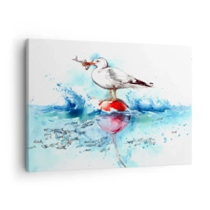 Obraz na plátně - Racek na bóji s rybami v pozadí ve stylu akvarelu - 70x50cm - Vydařený rybolov - Moderní nástěnná dekorace do obývacího pokoje a ložnice ARTTOR