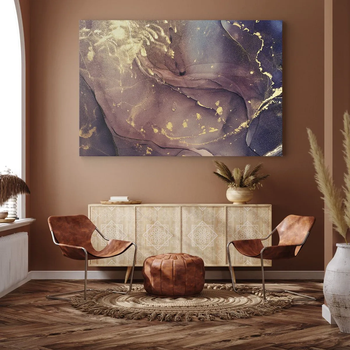 Obraz na plátně - Abstraktní kompozice s odstíny zlaté a fialové - 70x50cm - Hmota a duch - Moderní nástěnná dekorace do obývacího pokoje a ložnice ARTTOR