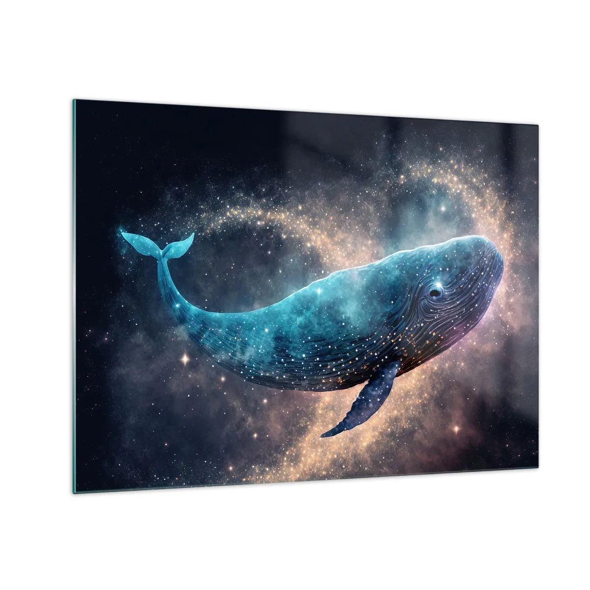 Obraz na skle - Modrá velryba plující v galaxii - 70x50cm - Je takový svět… - Moderní nástěnná dekorace do obývacího pokoje a ložnice ARTTOR