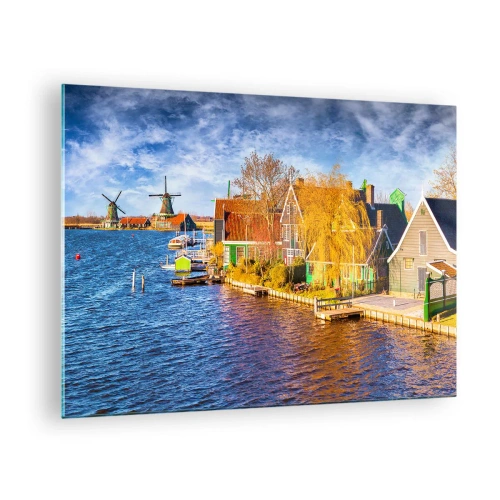 Obraz na skle - Malebné holandské domy na nábřeží s větrnými mlýny - 70x50cm - Od staletí beze změn - Moderní nástěnná dekorace do obývacího pokoje a ložnice ARTTOR