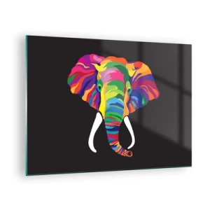 Obraz na skle - Barevný slon na černém pozadí v uměleckém stylu - 70x50cm - Slon, který se miloval koupat v duze - Moderní nástěnná dekorace do obývacího pokoje a ložnice ARTTOR